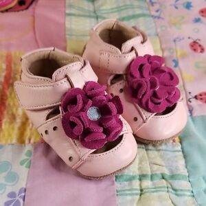 Livie & Luca Pink Leather Blossoms with Fuchsia Suede flowers 0-6 Months